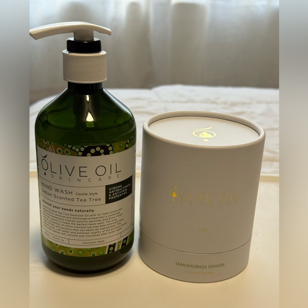 NIB-OLIVE OIL Hand Wash and Candle Set - lemongrass ginger